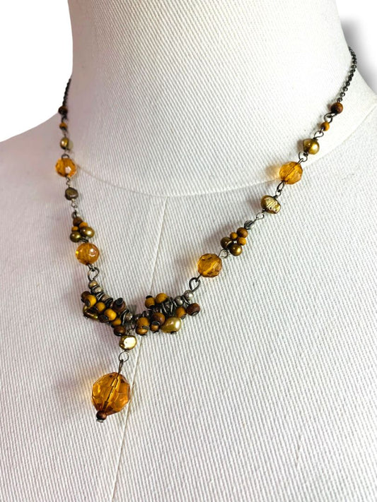 Antiqued Silvertone Necklace Beaded Pendant 16"+2" Extend Boho
