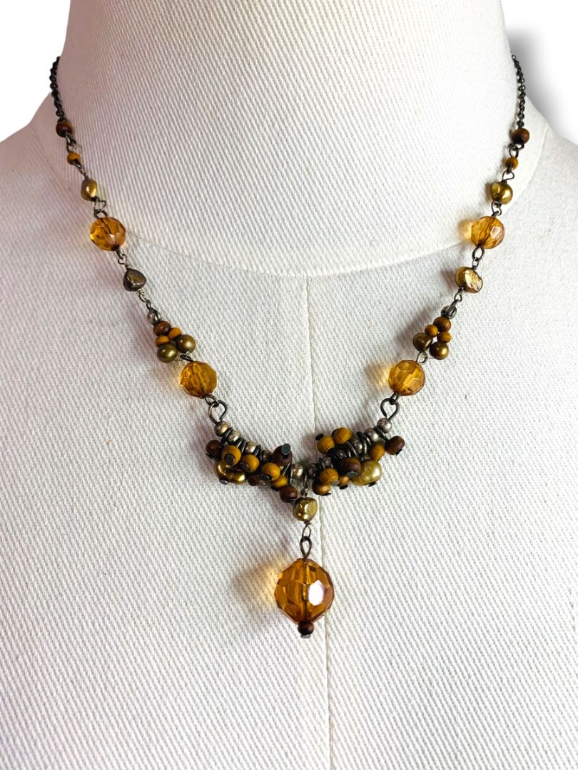 Antiqued Silvertone Necklace Beaded Pendant 16"+2" Extend Boho