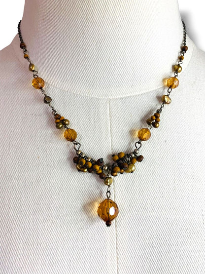 Antiqued Silvertone Necklace Beaded Pendant 16"+2" Extend Boho