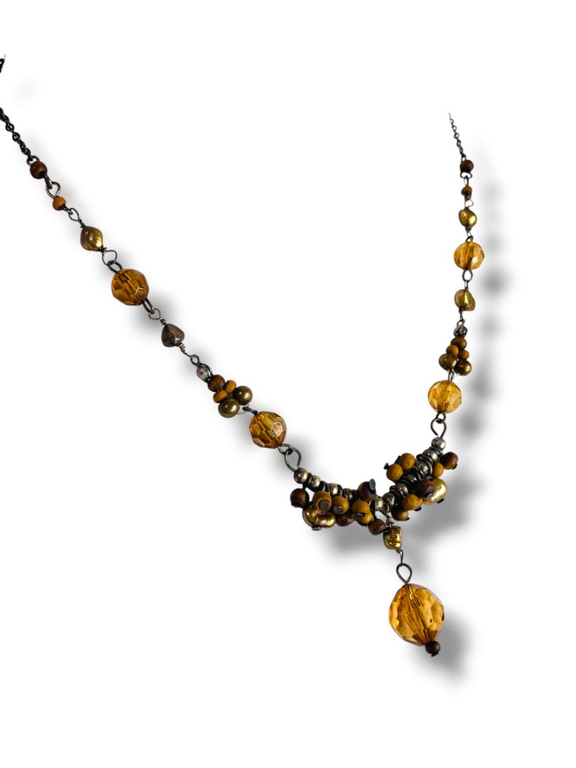 Antiqued Silvertone Necklace Beaded Pendant 16"+2" Extend Boho
