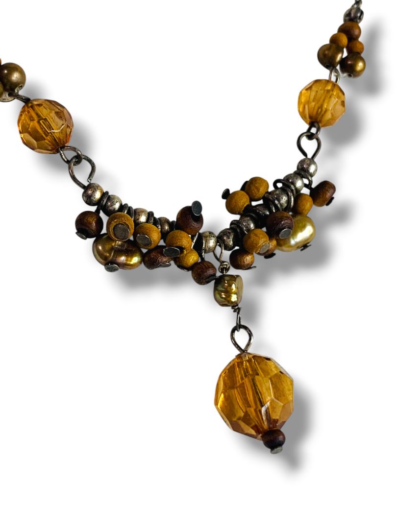 Antiqued Silvertone Necklace Beaded Pendant 16"+2" Extend Boho
