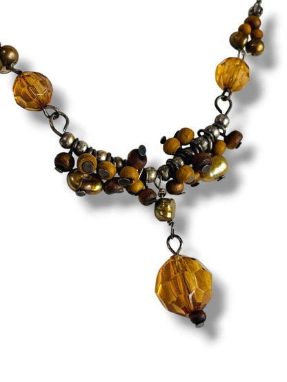 Antiqued Silvertone Necklace Beaded Pendant 16"+2" Extend Boho