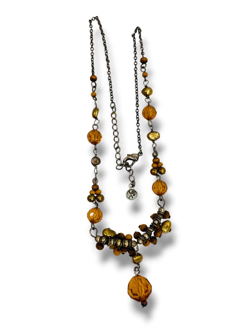 Antiqued Silvertone Necklace Beaded Pendant 16"+2" Extend Boho