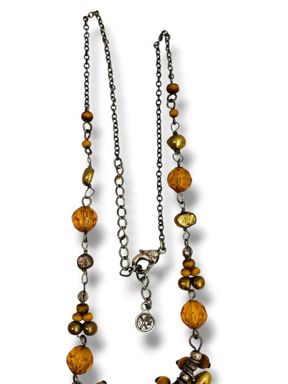 Antiqued Silvertone Necklace Beaded Pendant 16"+2" Extend Boho