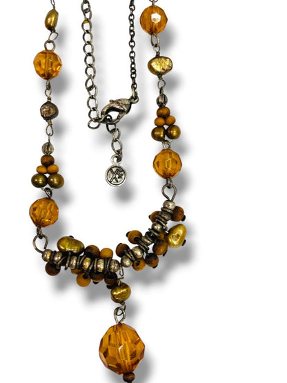 Antiqued Silvertone Necklace Beaded Pendant 16"+2" Extend Boho