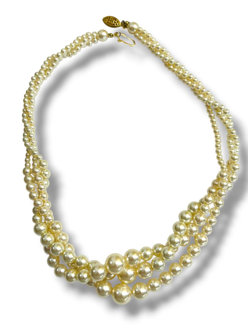 Vintage Faux Pearl Multistrand Twist Necklace Fish Hook Clasp 18"