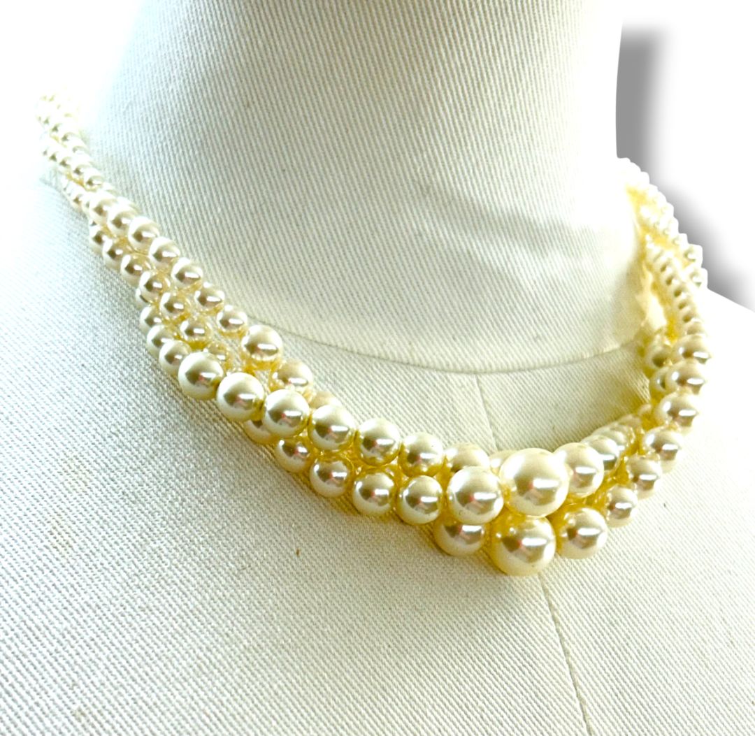 Vintage Faux Pearl Multistrand Twist Necklace Fish Hook Clasp 18"