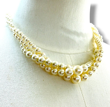 Vintage Faux Pearl Multistrand Twist Necklace Fish Hook Clasp 18"