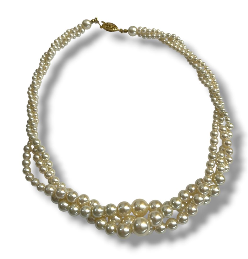 Vintage Faux Pearl Multistrand Twist Necklace Fish Hook Clasp 18"