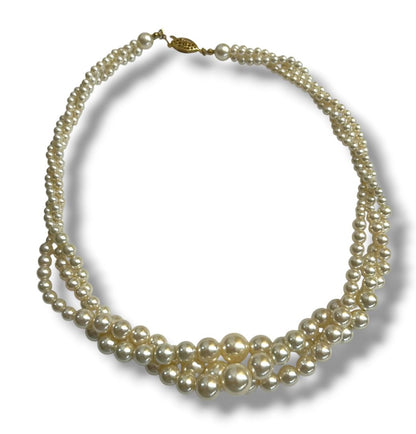 Vintage Faux Pearl Multistrand Twist Necklace Fish Hook Clasp 18"