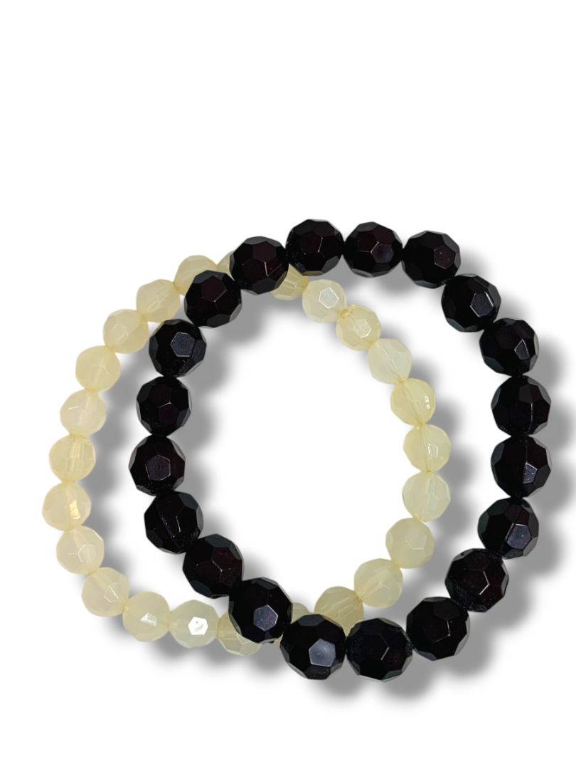 2 Stretch Bracelets Acrylic Faceted Black White Beads