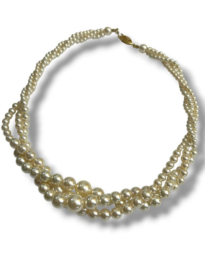 Vintage Faux Pearl Multistrand Twist Necklace Fish Hook Clasp 18"