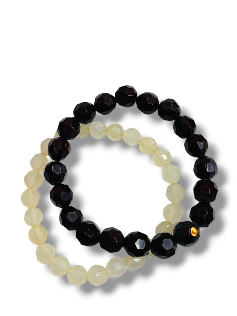2 Stretch Bracelets Acrylic Faceted Black White Beads