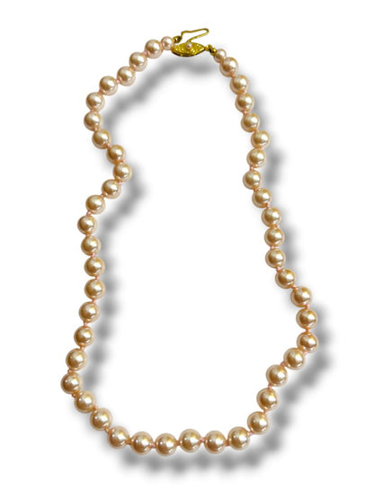Vintage Japan Pink 8mm Pearl Handknotted 18" Necklace Fish Hook Clasp