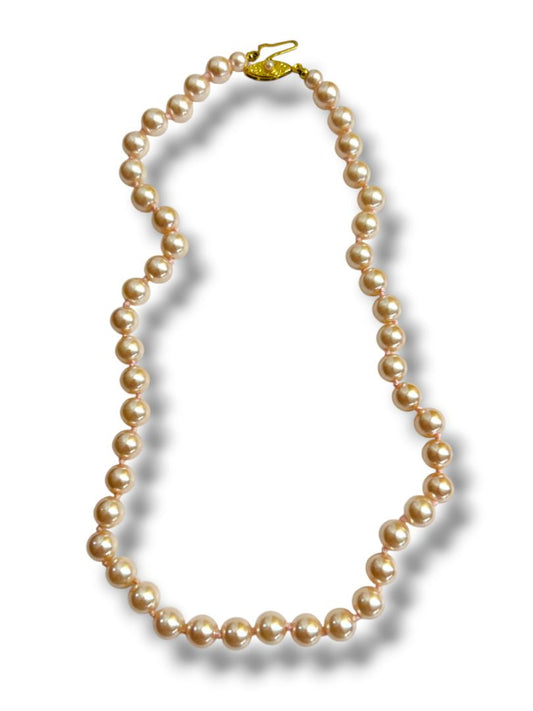Vintage Japan Pink 8mm Pearl Handknotted 18" Necklace Fish Hook Clasp