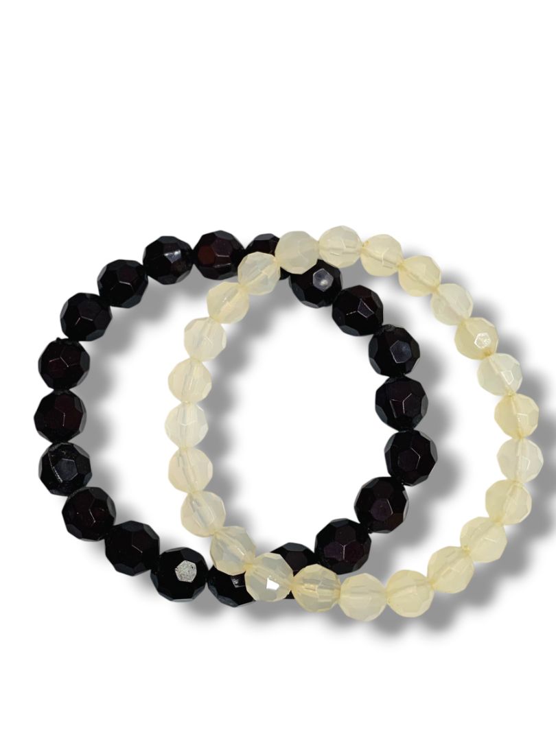 2 Stretch Bracelets Acrylic Faceted Black White Beads