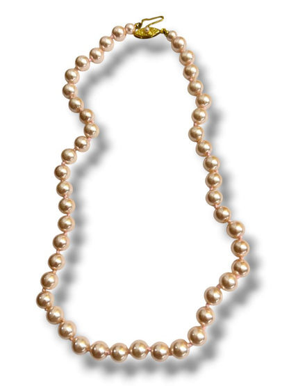 Vintage Japan Pink 8mm Pearl Handknotted 18" Necklace Fish Hook Clasp