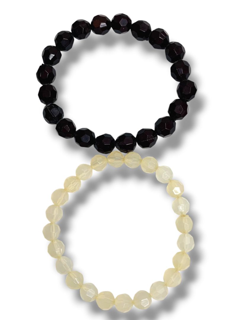 2 Stretch Bracelets Acrylic Faceted Black White Beads