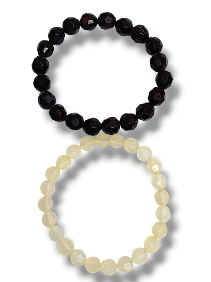 2 Stretch Bracelets Acrylic Faceted Black White Beads