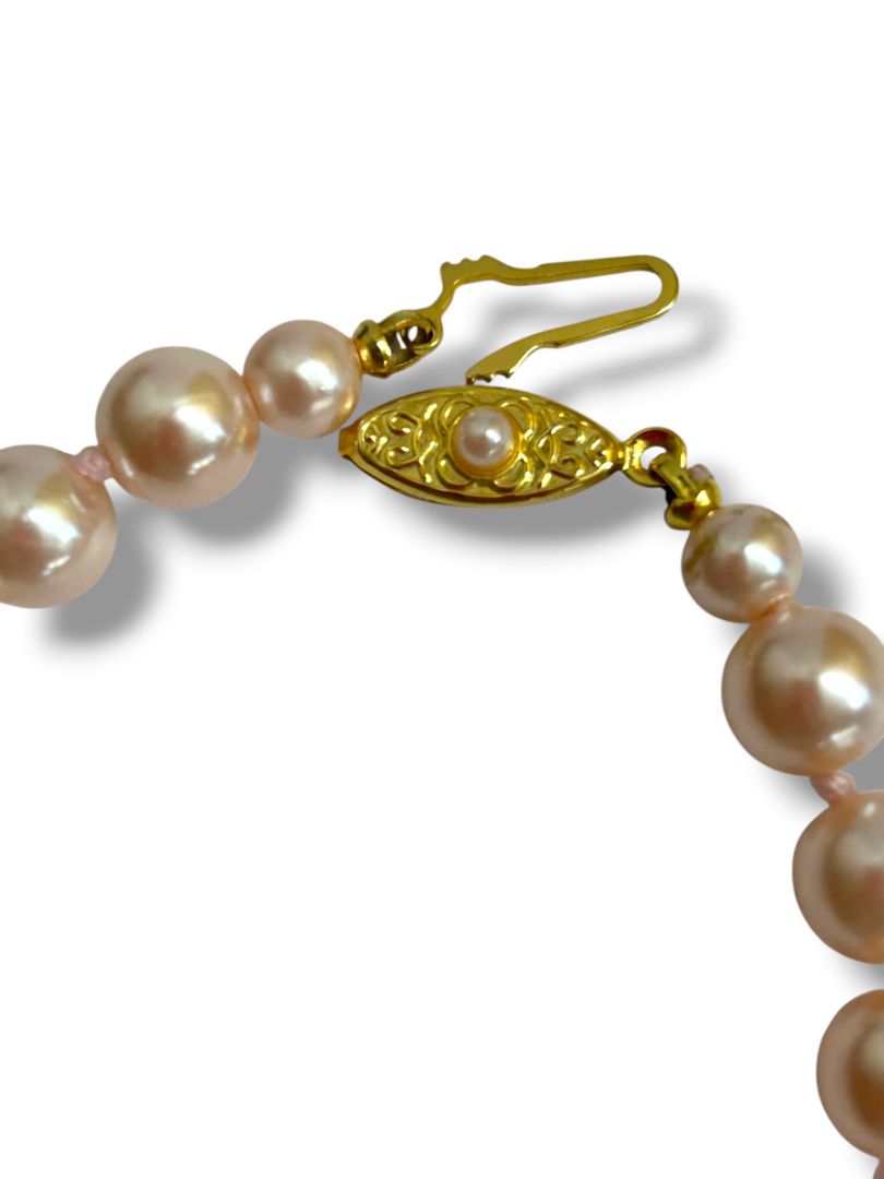 Vintage Japan Pink 8mm Pearl Handknotted 18" Necklace Fish Hook Clasp
