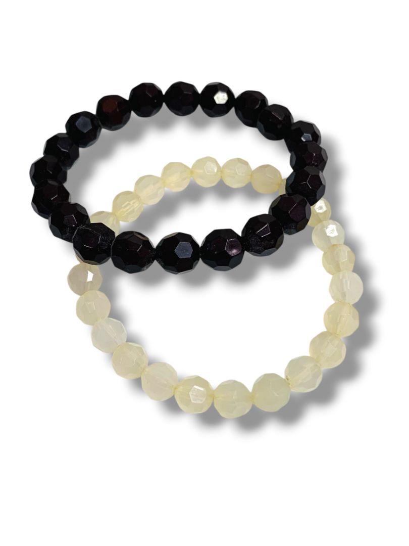 2 Stretch Bracelets Acrylic Faceted Black White Beads