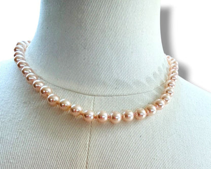 Vintage Japan Pink 8mm Pearl Handknotted 18" Necklace Fish Hook Clasp