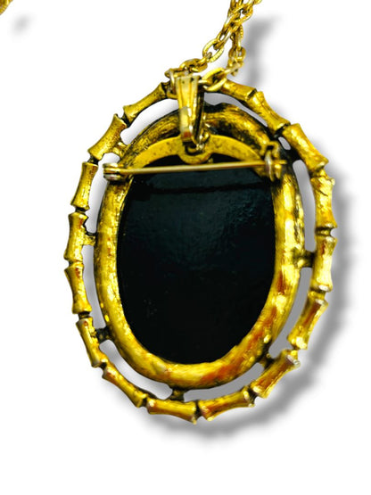 Vintage Cameo Black White Glass Brooch Pin Pendant Necklace on 24" Chain