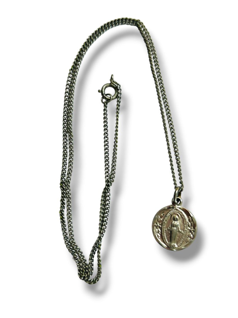 Vintage Sterling Pendant Blessed Mother Religious 18" Silvertone Chain