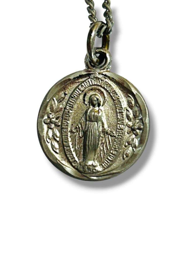 Vintage Sterling Pendant Blessed Mother Religious 18" Silvertone Chain