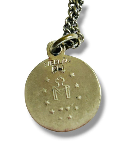 Vintage Sterling Pendant Blessed Mother Religious 18" Silvertone Chain