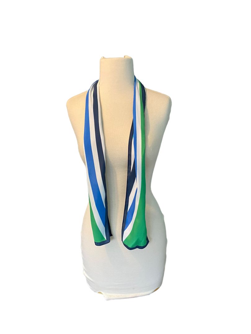 Striped Narrow Scarf Neck Tie Hair Scarf Blue Green White 48" x 5"