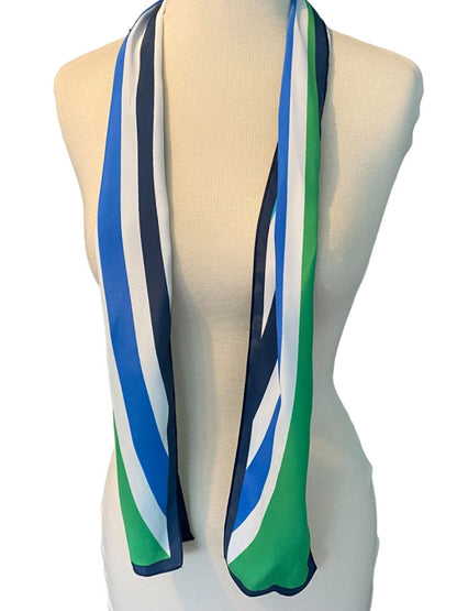 Striped Narrow Scarf Neck Tie Hair Scarf Blue Green White 48" x 5"