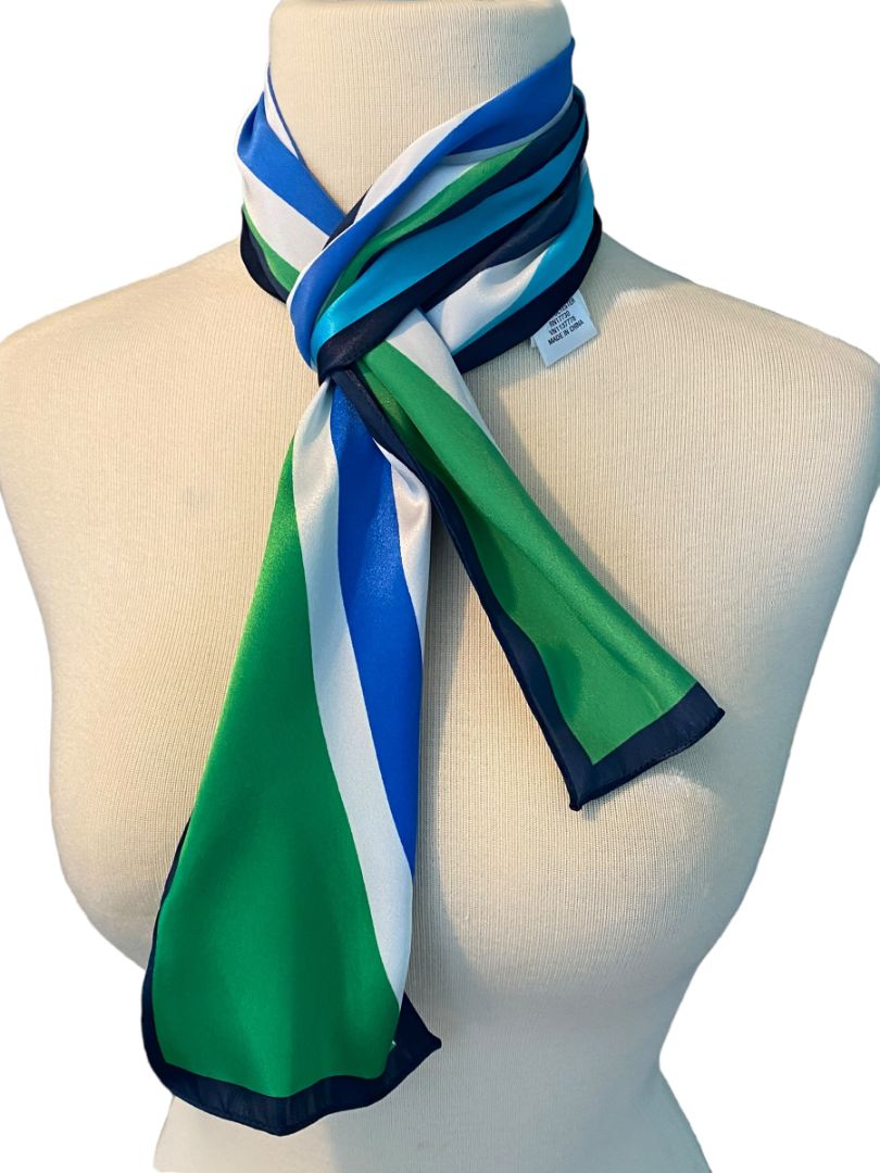 Striped Narrow Scarf Neck Tie Hair Scarf Blue Green White 48" x 5"