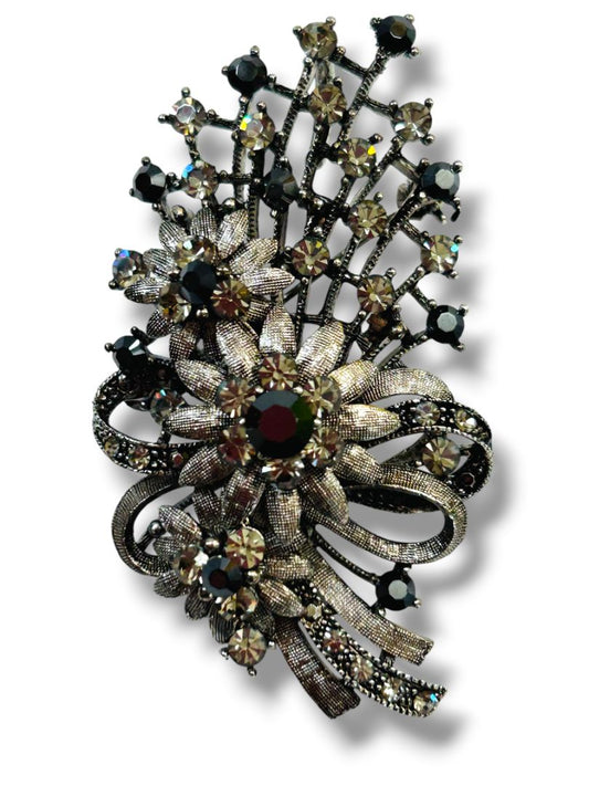 Vintage Silvertone Statement Brooch Pin Pendant Floral Bouquet Crystals 2.75"