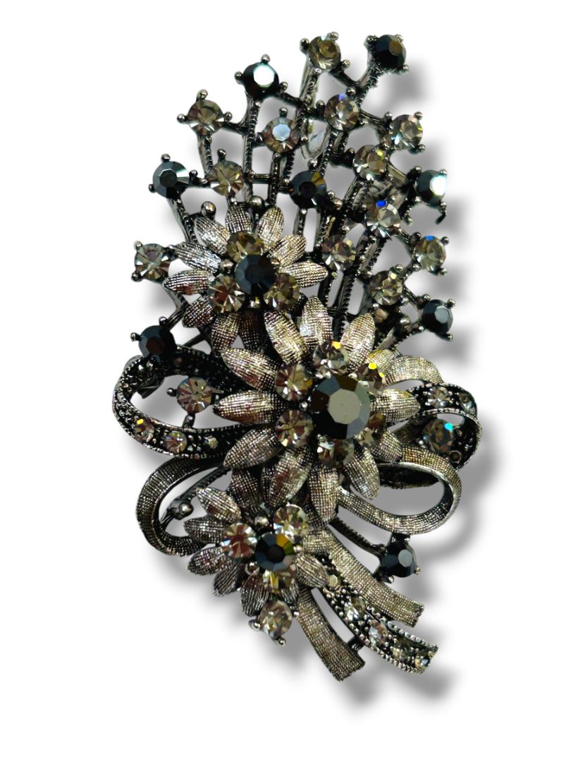 Vintage Silvertone Statement Brooch Pin Pendant Floral Bouquet Crystals 2.75"