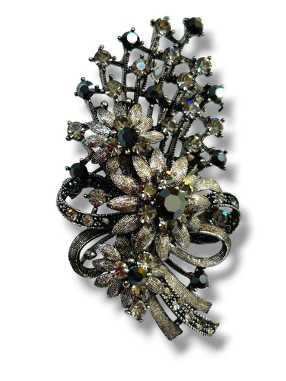 Vintage Silvertone Statement Brooch Pin Pendant Floral Bouquet Crystals 2.75"