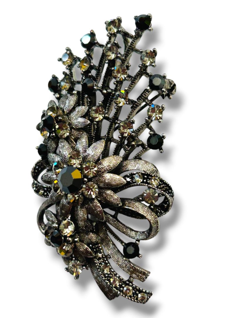 Vintage Silvertone Statement Brooch Pin Pendant Floral Bouquet Crystals 2.75"
