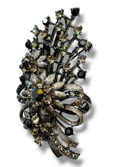 Vintage Silvertone Statement Brooch Pin Pendant Floral Bouquet Crystals 2.75"