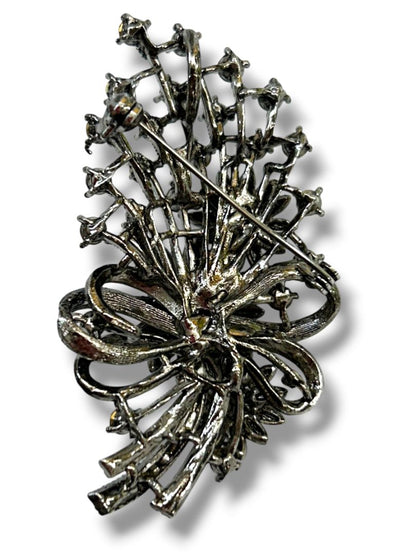 Vintage Silvertone Statement Brooch Pin Pendant Floral Bouquet Crystals 2.75"