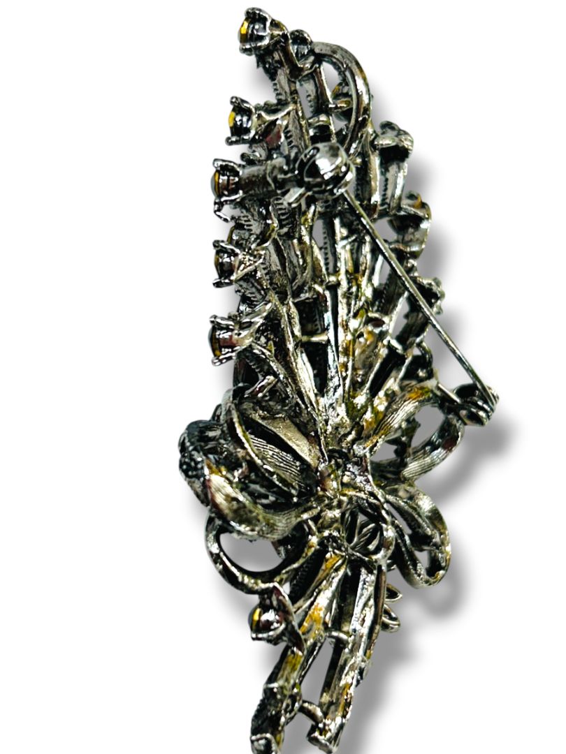 Vintage Silvertone Statement Brooch Pin Pendant Floral Bouquet Crystals 2.75"