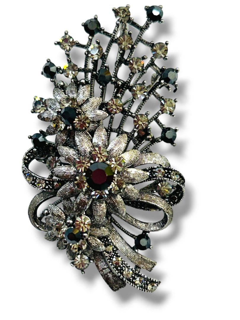 Vintage Silvertone Statement Brooch Pin Pendant Floral Bouquet Crystals 2.75"