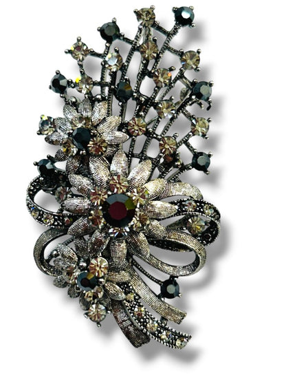 Vintage Silvertone Statement Brooch Pin Pendant Floral Bouquet Crystals 2.75"