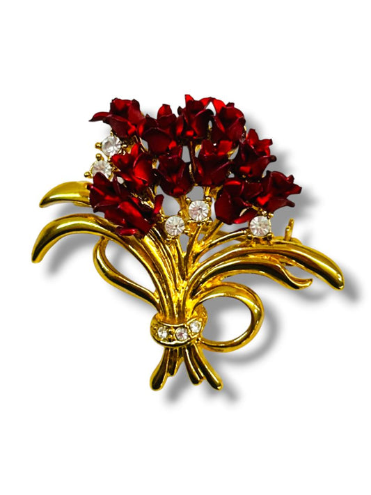 Vintage Brooch Pin Rose Bouquet Dozen Goldtone Red 1.75"