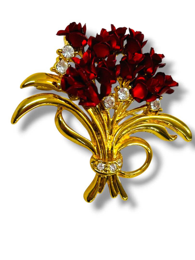 Vintage Brooch Pin Rose Bouquet Dozen Goldtone Red 1.75"