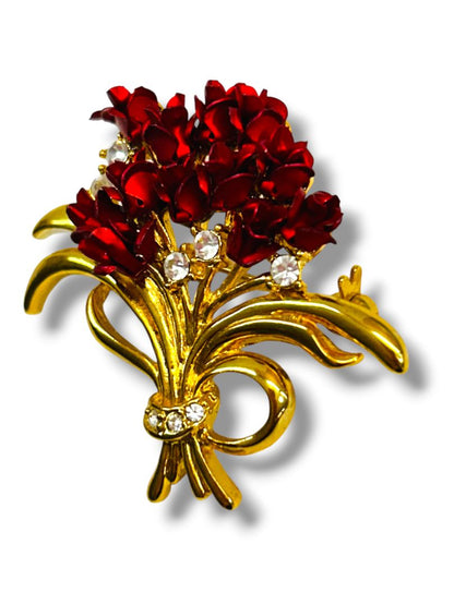 Vintage Brooch Pin Rose Bouquet Dozen Goldtone Red 1.75"