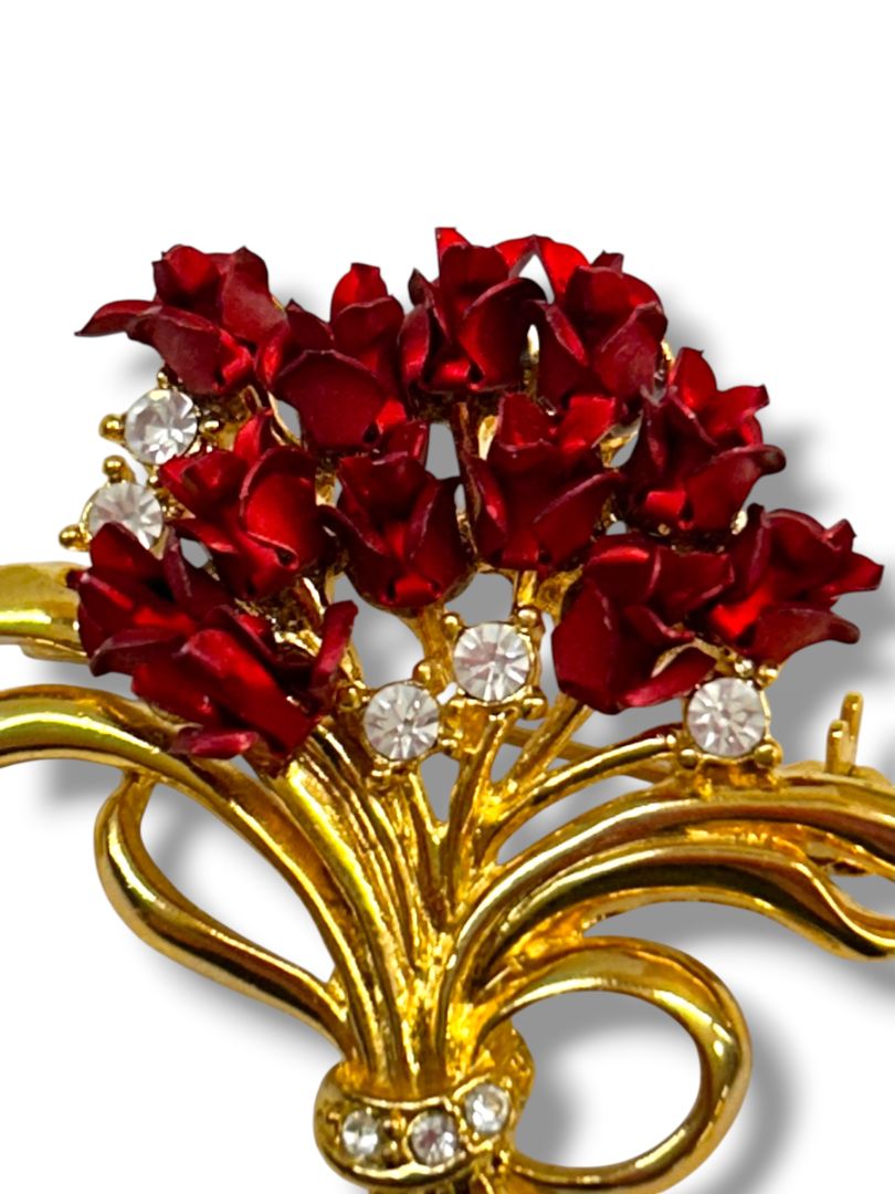 Vintage Brooch Pin Rose Bouquet Dozen Goldtone Red 1.75"