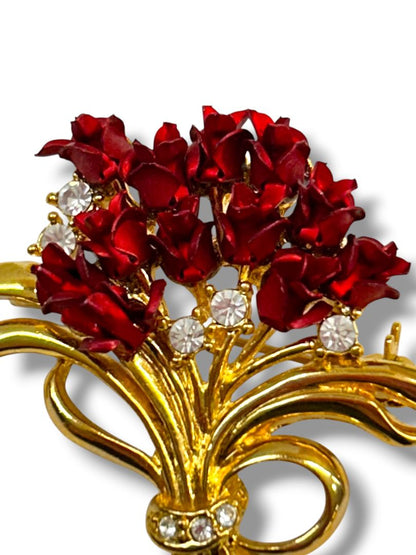 Vintage Brooch Pin Rose Bouquet Dozen Goldtone Red 1.75"