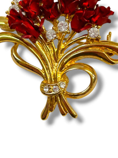 Vintage Brooch Pin Rose Bouquet Dozen Goldtone Red 1.75"