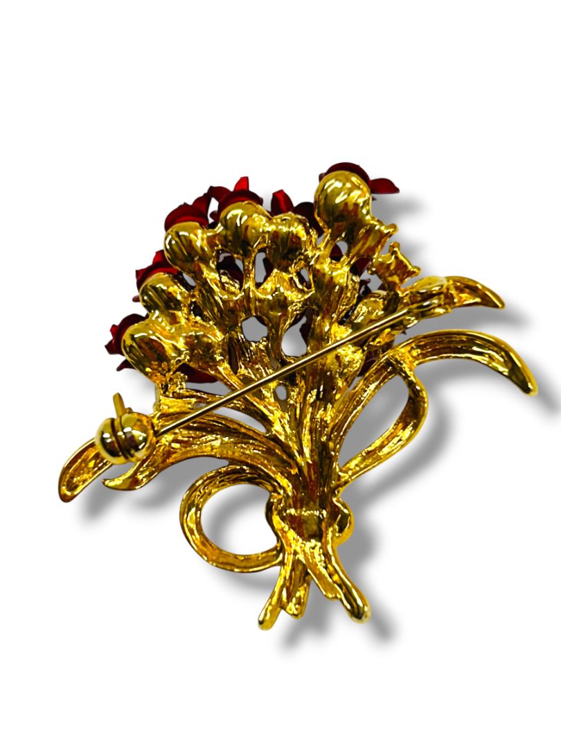 Vintage Brooch Pin Rose Bouquet Dozen Goldtone Red 1.75"