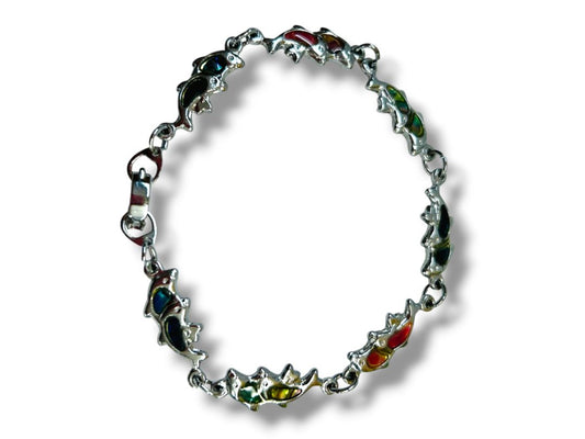 Vintage Enameled Silvertone Bracelet Dolphin Multicolor Foldover Clasp 7.5"